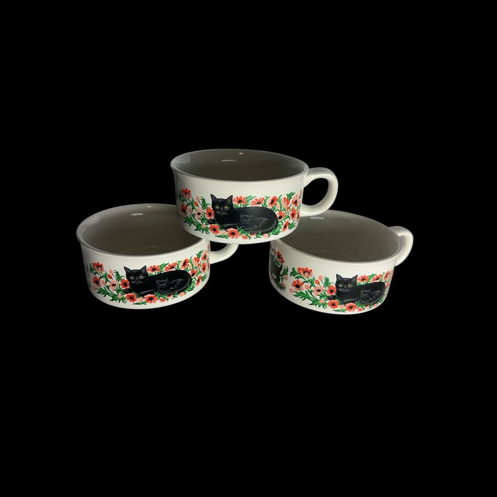 Potpourri Press Cleopatra Black Cat Soup Mug Bowl Set of 3 1991 Korea Halloween